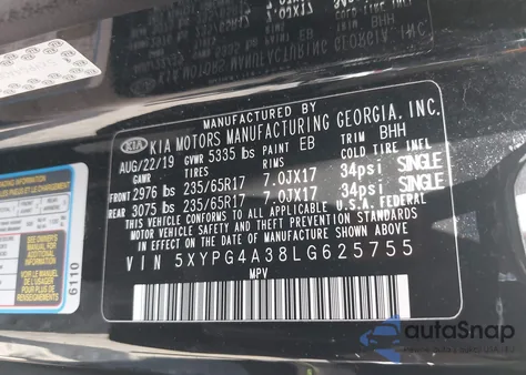 2020 Kia Sorento 2.4L Lx from USA, damaged, VIN 5XYPG4A38LG625755